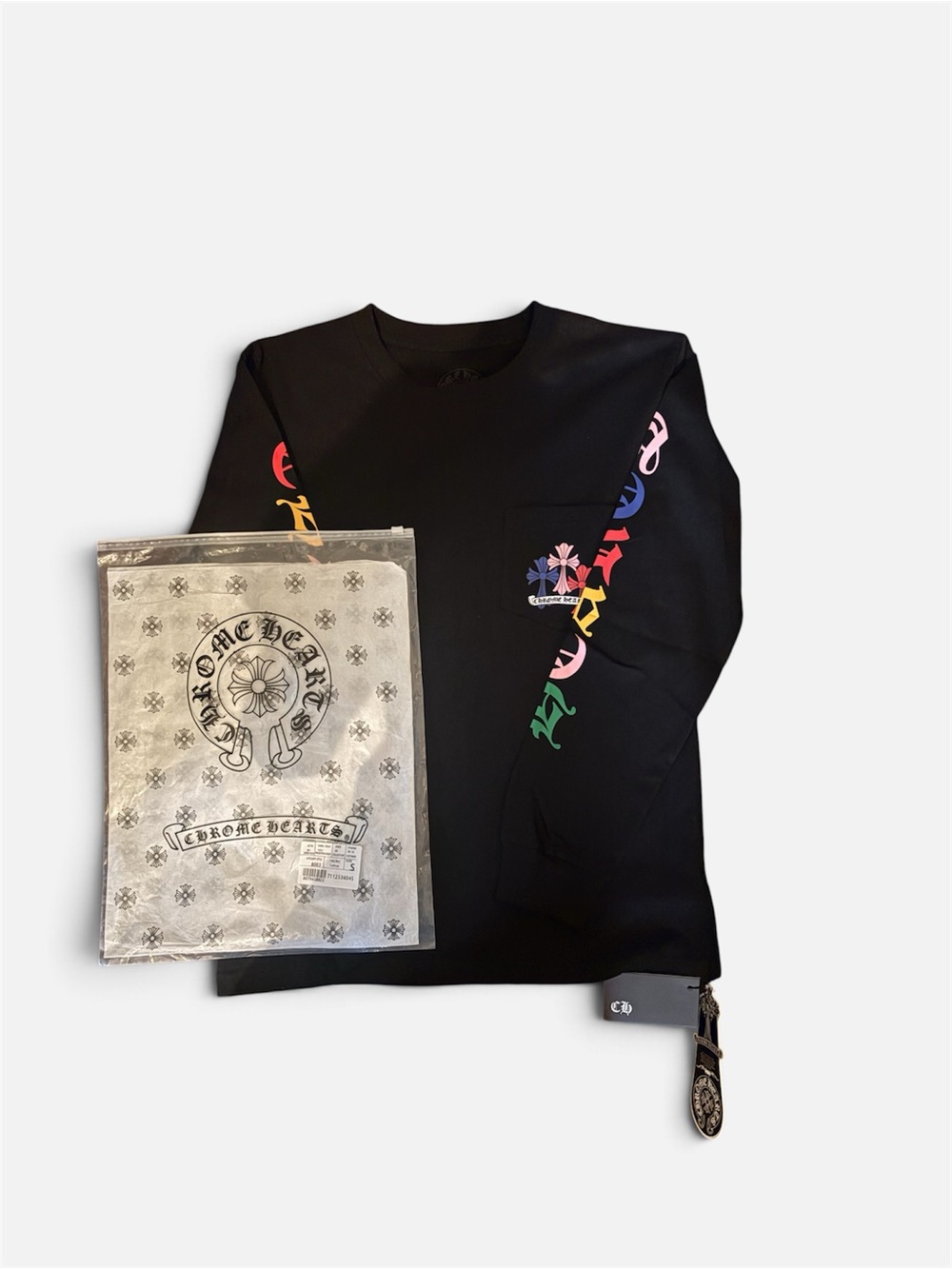 Chrome Hearts Mens Black Long-Sleeve Tee with Rainbow Sleeve Graphics